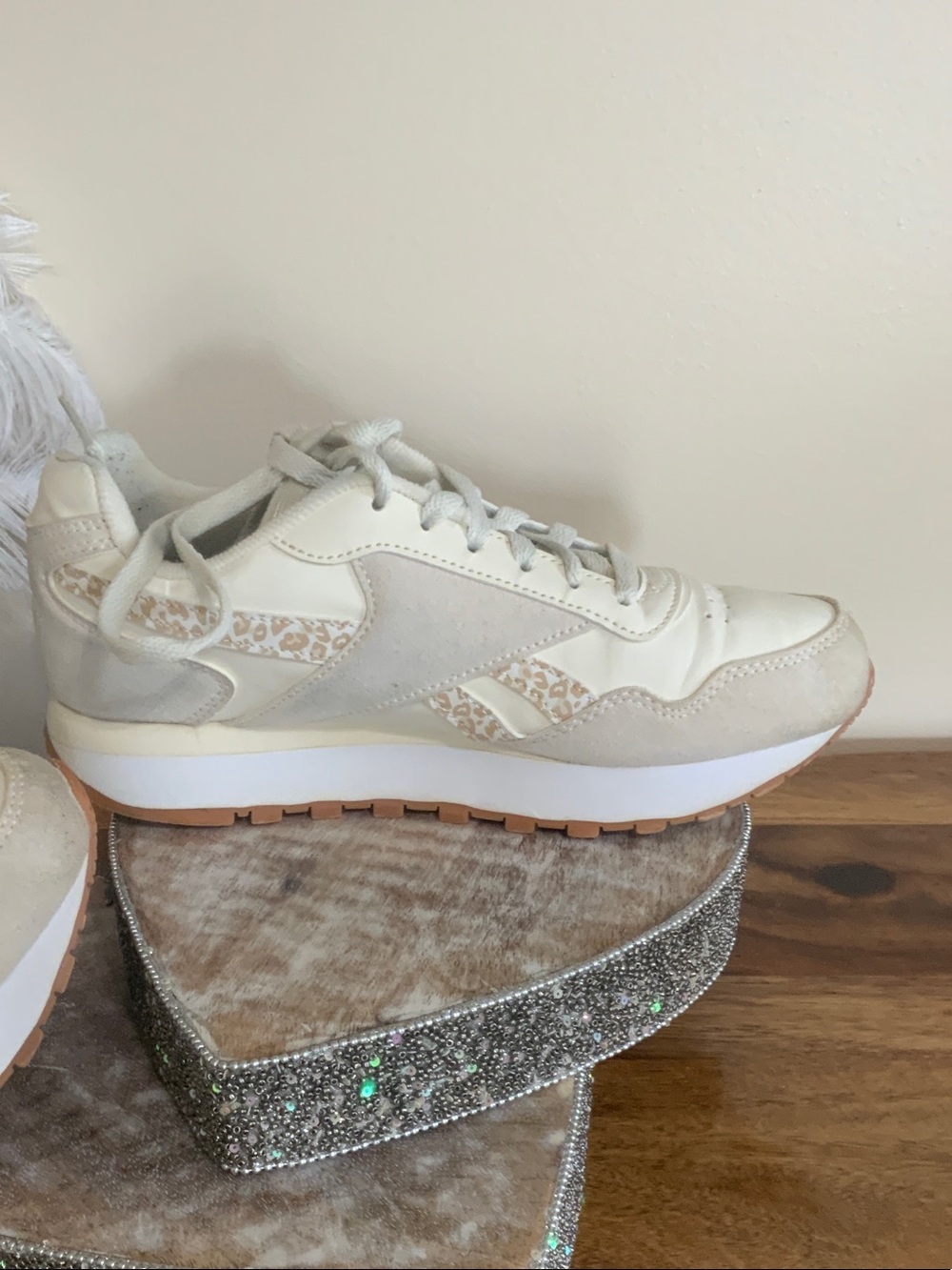 Reebok Women’s Cream and Tan Sneakers with Leopard Accent - Picture 2 of 5